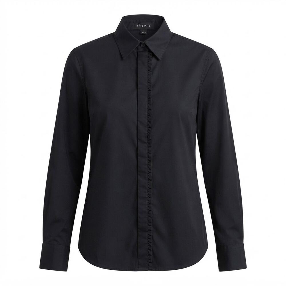 Theory Ruffled Front Black Long Sleeve Collared Shirt Blouse | Size M